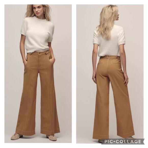 Anthropologie Pants - Anthropologie Maeve High Waisted Wide Leg Pants Contrast Stitching Khaki Size 6